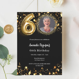 Black gold photo stars 60th birthday luxury invitation