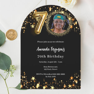 Black gold photo stars 70th birthday arch invitation