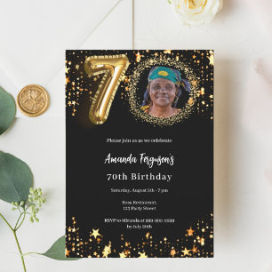 Black gold photo stars 70th luxury birthday invitation
