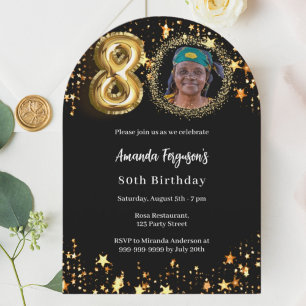Black gold photo stars 80th birthday arch invitation