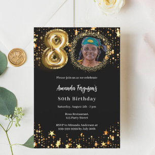 Black gold photo stars 80th birthday luxury invitation