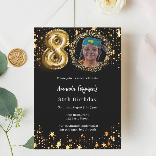 Black gold photo stars 80th birthday luxury invitation (Creator Uploaded)