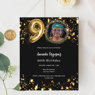 Black gold photo stars 90th birthday invitation