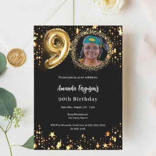 Black gold photo stars 90th birthday invitation