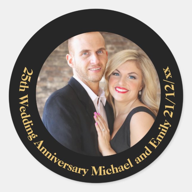 Black Gold PHOTO Wedding Anniversary Stickers (Front)