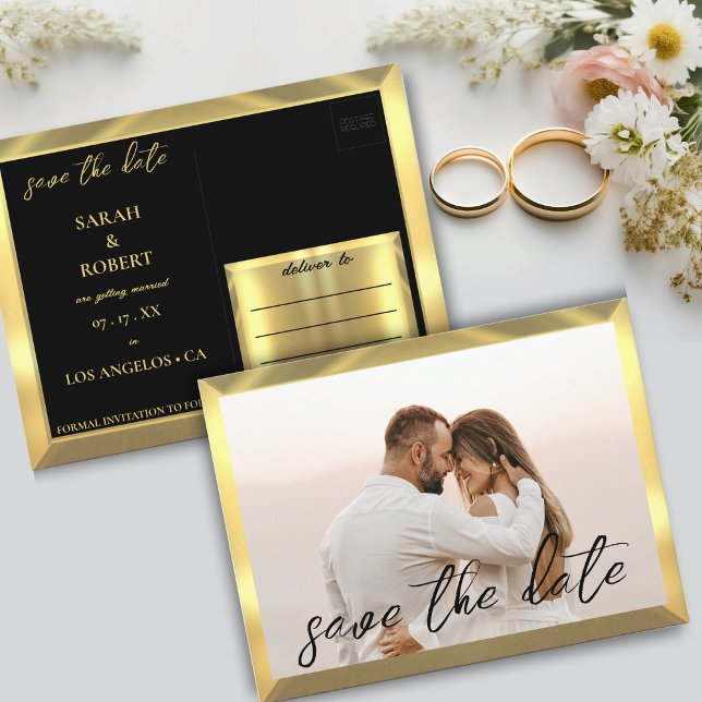 Black & Gold Photo Wedding Postcard (Black & Gold Photo Wedding Postcard)
