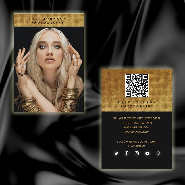 Black Gold Photographer QR Code Social Media  Business Card (Creator Uploaded)