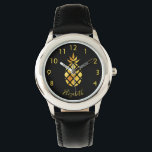 Black gold pineapple name script elegant watch<br><div class="desc">Elegant,  modern faux gold pineapple on a chic black background. Template for your name,  golden curved letters.  The name is written with a trendy hand lettered style script. Golden numbers from 8 to 4.</div>