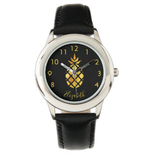 Black gold pineapple name script elegant watch