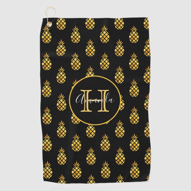 Black gold pineapples name monogram family golf towel (Front)