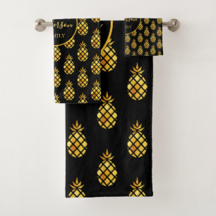 Black gold pineapples pattern family name bath towel set