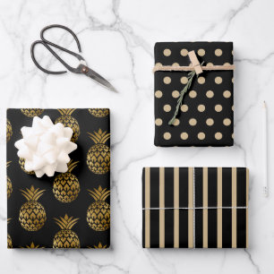 Black Gold Pineapples Polka Dots Stripes Solid  Wrapping Paper Sheet