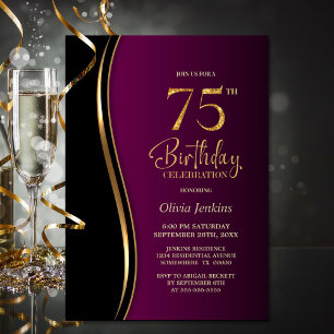 Black Gold Pink 75th Birthday Party Invitation