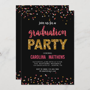 Black Gold Pink Confetti Graduation Party Invite