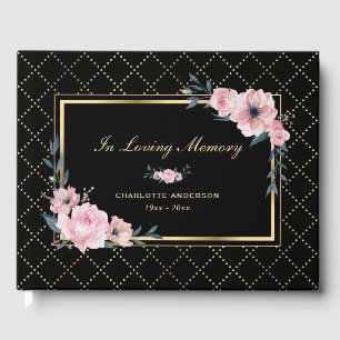 Black Gold Pink Floral Funeral Memorial Guest Book