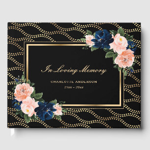 Black Gold Pink Floral Memorial Funeral Guest Book