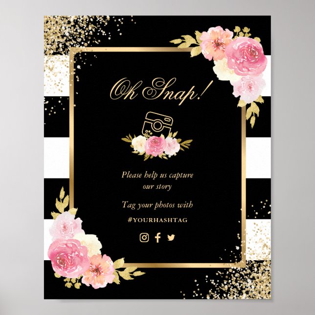 Black Gold Pink Floral Social Media Wedding Sign (Front)