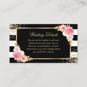 Black Gold Pink Floral Wedding Details Card