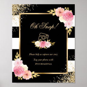Black Gold Pink Floral Wedding Social Media Sign