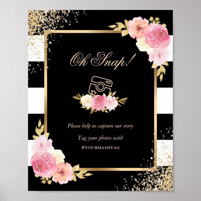 Black Gold Pink Floral Wedding Social Media Sign (Front)