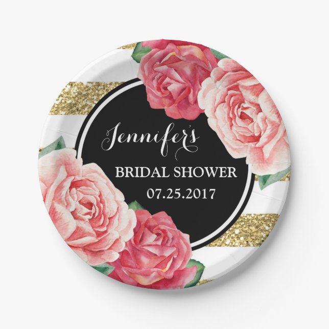 Black Gold Pink Flowers Bridal Shower Plate (Front)
