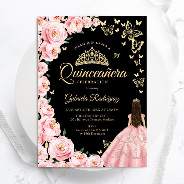 Black Gold Pink Roses Butterflies Quinceanera Invitation (Creator Uploaded)