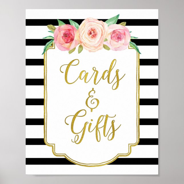 Black Gold Pink Watercolor Floral Cards Gifts Sign (Front)