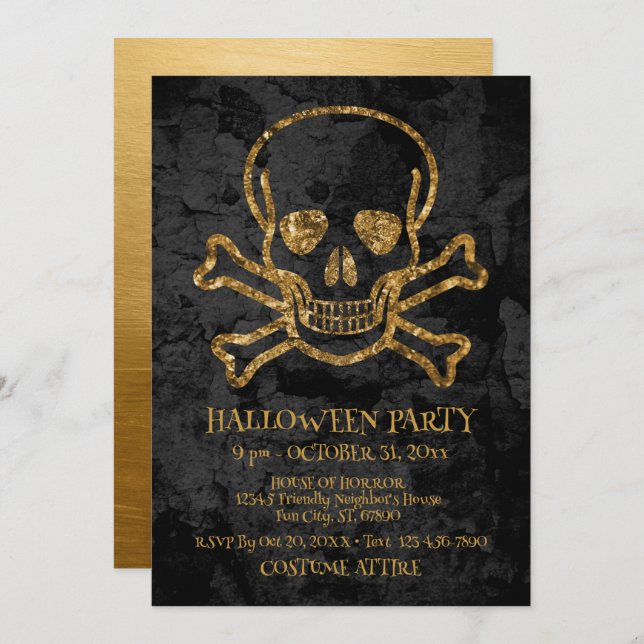 Black Gold Pirate Skull and Bones Halloween Party Card (Front/Back)