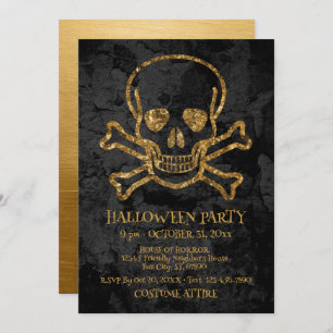 Black Gold Pirate Skull and Bones Halloween Party Card