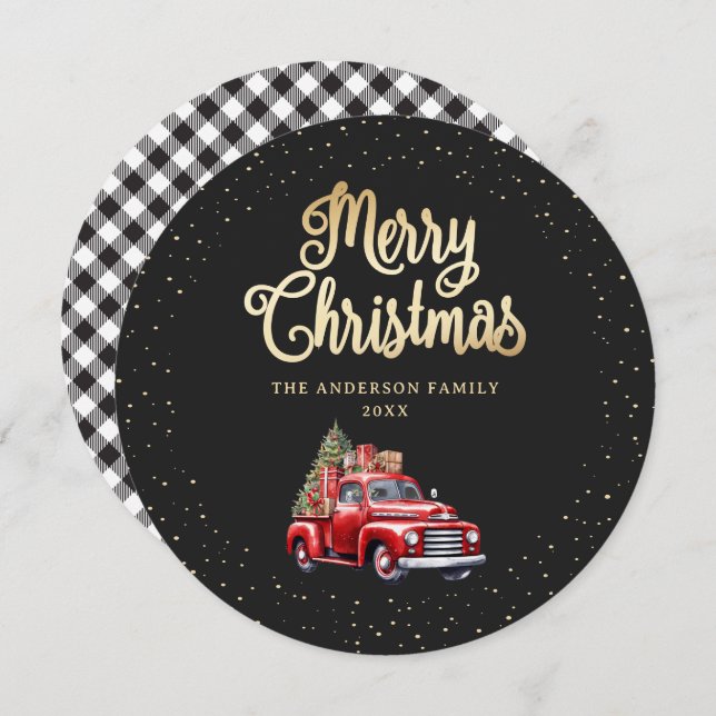 Black Gold Plaid Red Truck Merry Christmas Card (Front/Back)