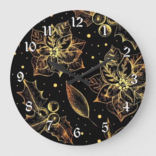Black & Gold Poinsettias & Holly Large Clock (Front)