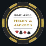 Black Gold Poker Chip Las Vegas Casino Wedding Classic Round Sticker<br><div class="desc">Getting married in Las Vegas or another fun casino city? Or having a casino themed wedding? These gold, white, and black stickers would make a perfect addition to your guest's favours or to seal their invitations. Personalise your design with your names in a goldish colour in the centre, and a...</div>
