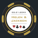 Black Gold Poker Chip Las Vegas Casino Wedding Classic Round Sticker<br><div class="desc">Getting married in Las Vegas or another fun casino city? Or having a casino themed wedding? These gold, white, and black stickers would make a perfect addition to your guest's favours or to seal their invitations. Personalise your design with your names in a goldish colour in the centre, and a...</div>
