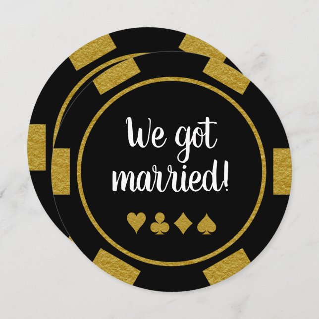 Black Gold Poker Chip Las Vegas Wedding Eloped Invitation (Front/Back)