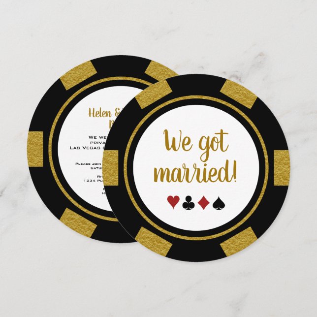 Black Gold Poker Chip Wedding Elopement Announce Invitation (Front/Back)
