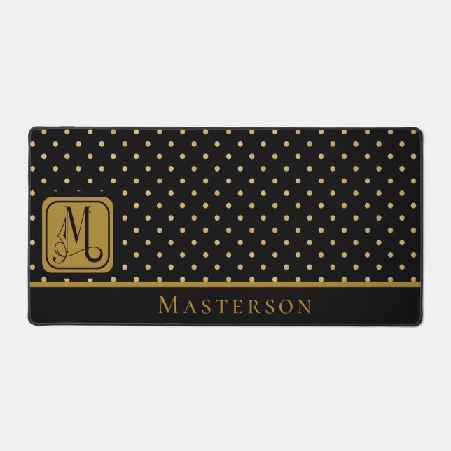 Black & Gold Polka Dot Monogram with Last Name Desk Mat (Front)