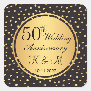 Black & gold polka dots 50th wedding Anniversary Square Sticker