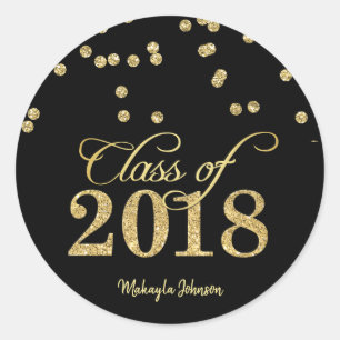 Black & Gold Polka-dots Glitter Class of 2018 Classic Round Sticker