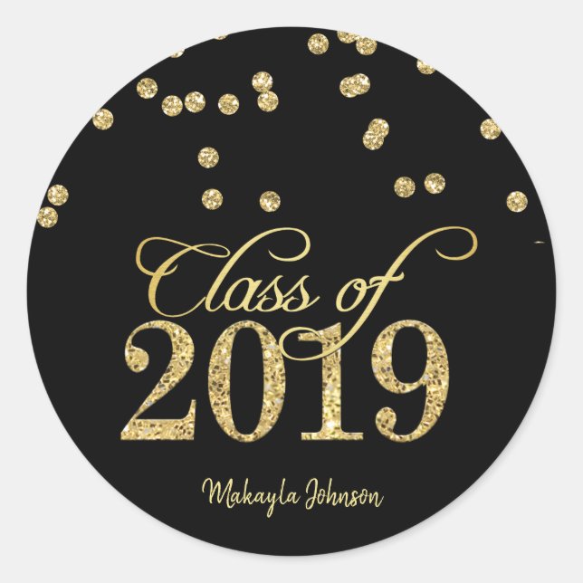Black & Gold Polka-dots Glitter Class of 2019 Classic Round Sticker (Front)