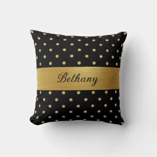 Black Gold Polka Dots + Gold Ribbon - Personalised Cushion
