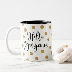 Black Gold Polkadot Script Hello Gorgeous Two-Tone Coffee Mug