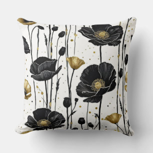 Black & Gold Poppies on White Cushion