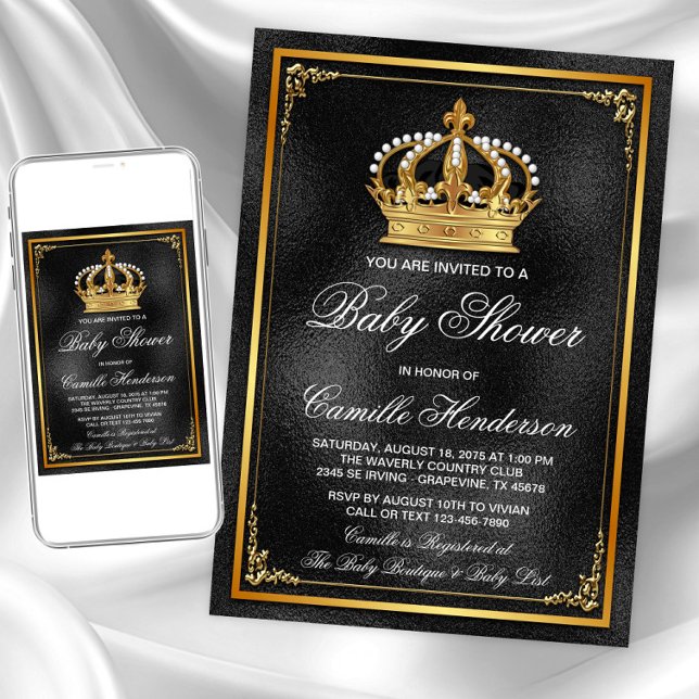 Black Gold Prince Baby Shower Invitation (Black gold prince baby shower invitation. Instant download and printed invitations available.)
