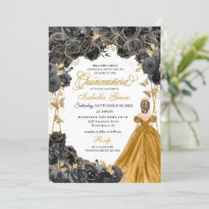 Black & Gold Princess Dress Quinceañera Invitation