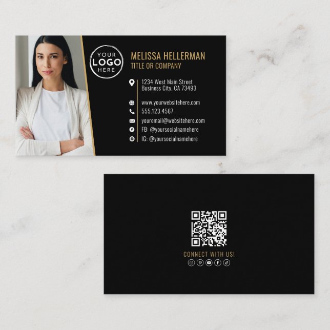 Black Gold Professional QR Code Photo Logo Business Card (Front/Back)