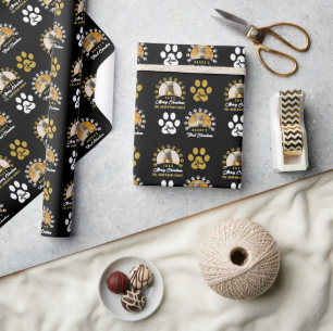 Black Gold Puppy Dog First Christmas 2 Photo Wrapping Paper