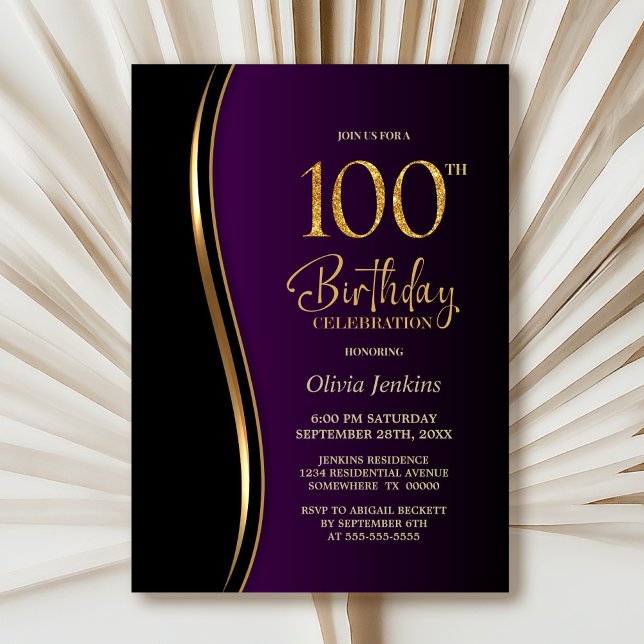 Black Gold Purple 100th Birthday Party Invitation (Creator Uploaded)