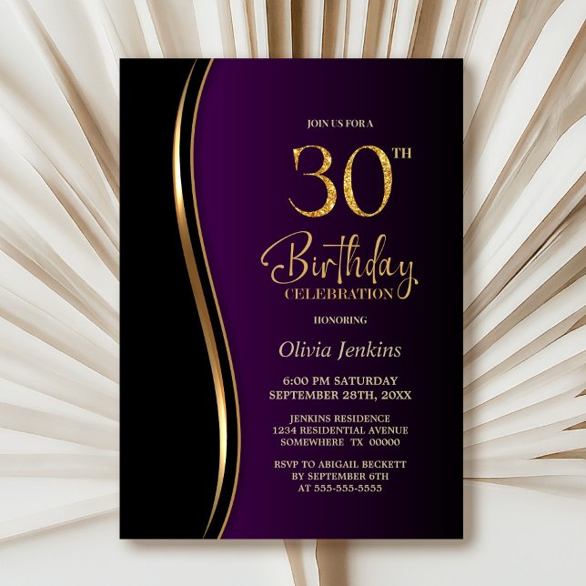 Black Gold Purple 30th Birthday Party Invitation (Creator Uploaded)