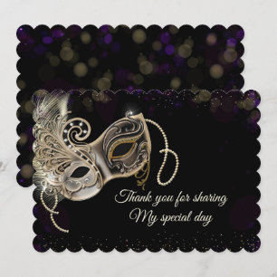 Black Gold  Purple Masquerade Party Thank You Card