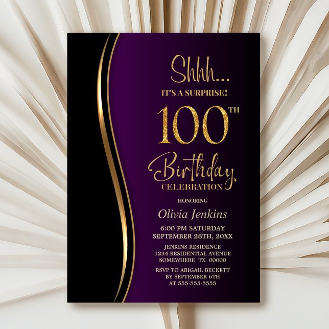 Black Gold Purple Surprise 100th Birthday Invitation (Creator Uploaded)